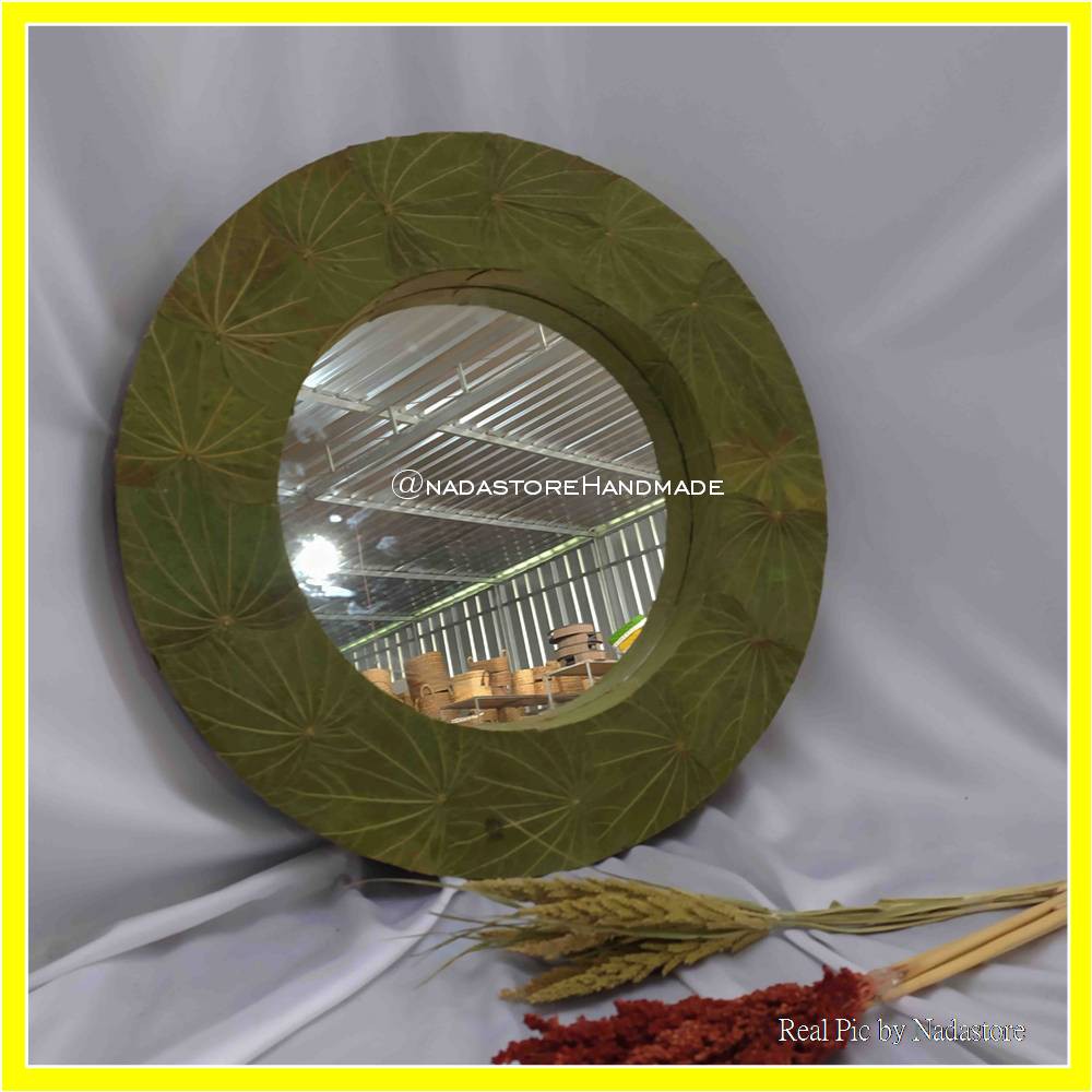 NEW ARRIVAL Nadastore Cermin Motif Daun Dadap Asli Diameter 50cm + Palet Kayu