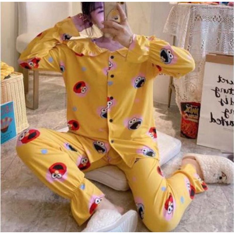BAJU TIDUR WANITA DEWASA/PIYAMA RENDA PP/BAJU TIDUR IMPORT MURAH-Pp kerah elmo kuning