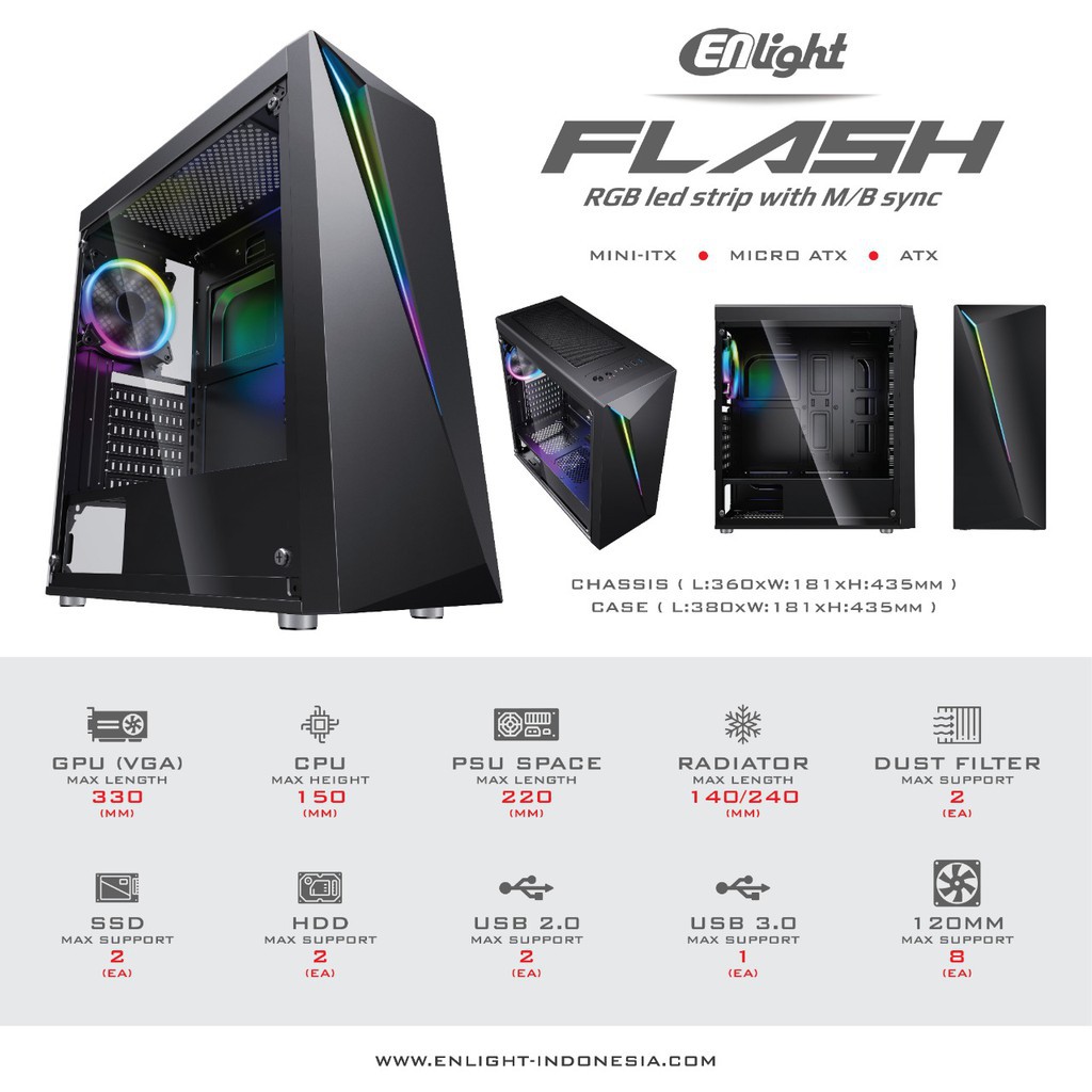 Casing Gaming Enlight Flash RGB Sync ( w/ 1 Buah 12Cm RGB Fan)