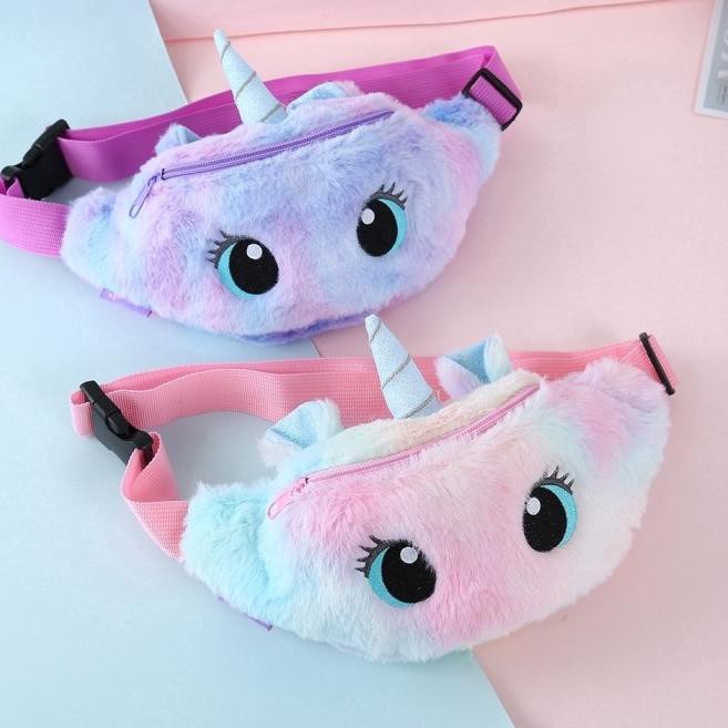 ♫ Tas Selempang Anak Perempuan Unicorn Plush Bulu/ Tas Pinggang Waistbag - Full Pink ➫
