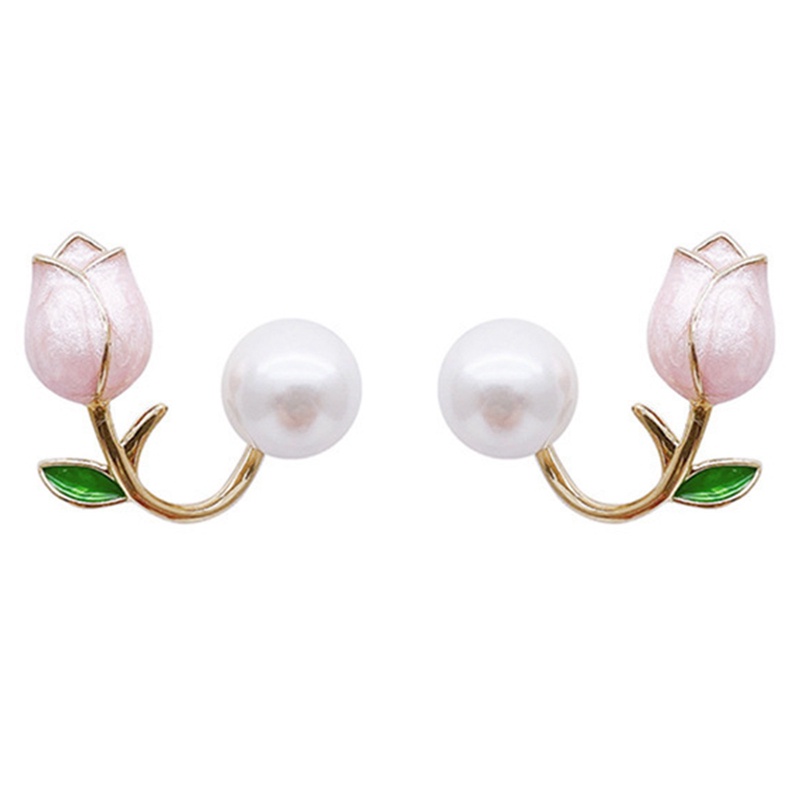 Anting Stud Desain Bunga Pink Aksen Mutiara Gaya Elegan Untuk Wanita
