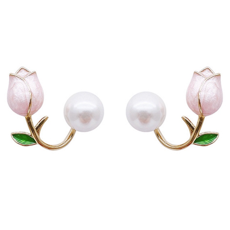 Anting Stud Desain Bunga Pink Aksen Mutiara Gaya Elegan Untuk Wanita