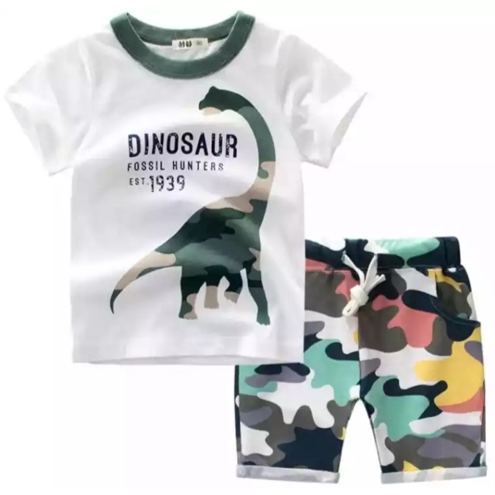 Set Terbaru | Setelan Baju Kaos Anak Laki-laki Dan Perempuan Setelan Baju Kaos Dino Army Anak Umur 1-5 Tahun