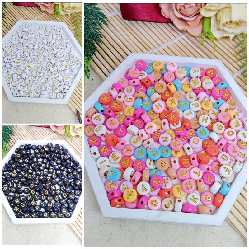 Manik Huruf list emas hitam dan putih || mix || 20 gram