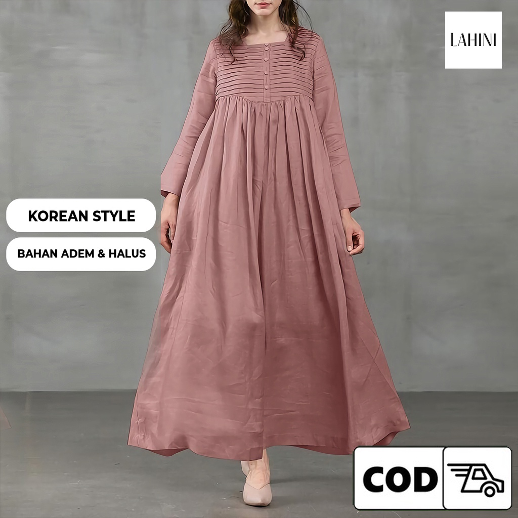 Dress Panjang Korea Long Maxi Dress Wanita Kekinian Vintage Remaja Dewasa Kancing Depan Busui Bahan 