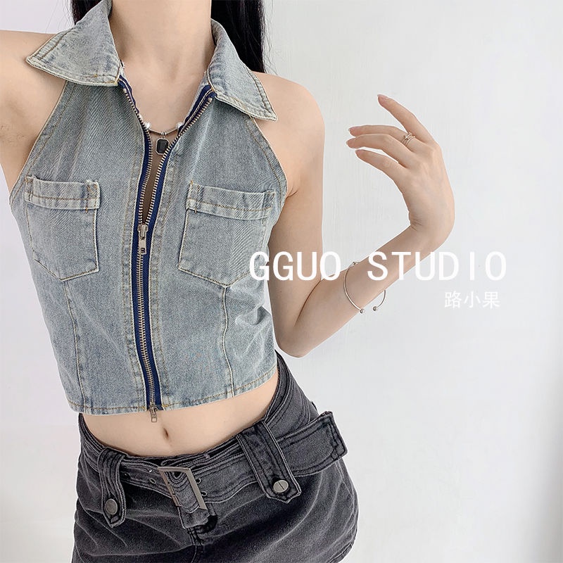 Red Eropa dan Amerika hot girls zipper halter denim kamisol pakaian luar wanita seksi kerah terbuka kembali pendek rompi kecil top