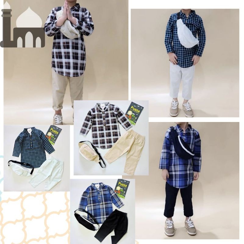 SETELAN KURTA ANAK TARTAN FREE SLING BAG KEREN BAJU KOKO PAKISTAN LEBARAN ANAK COWOK LENGAN PANJANG