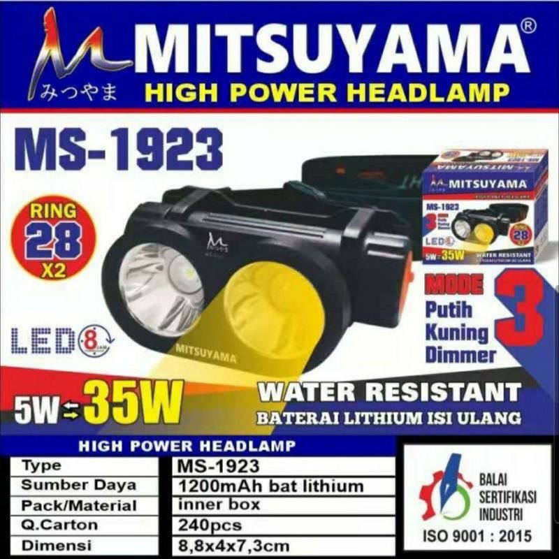 Senter Kepala MITSUYAMA MS-1923 Magnet Led 3 Mode Putih Kuning Dimmer Headlamp Mitsuyama MS 1923 Water Resistant