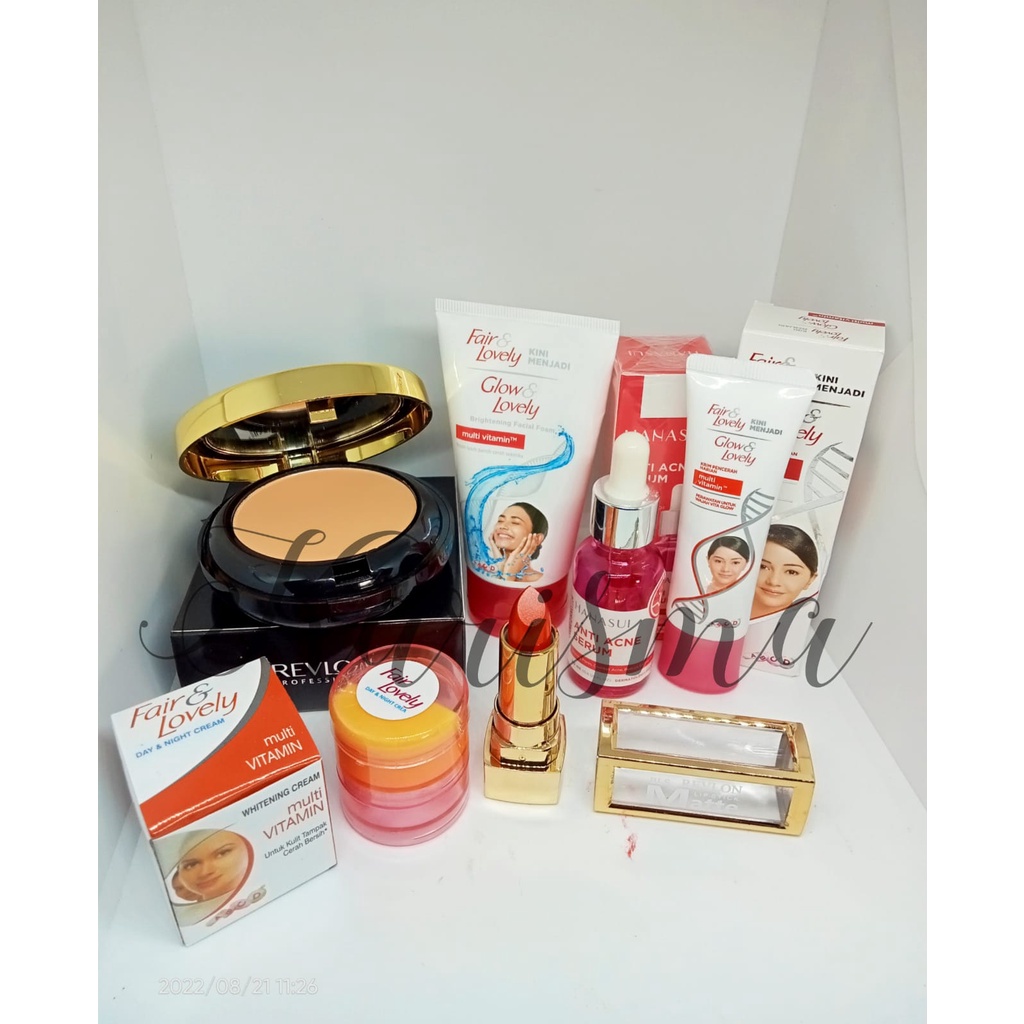 Paket Kecantikan Fair & Lovely - Bedak Padat Revlon - Lipstik Matte Revlon - Hanasui Anti Acne Serum
