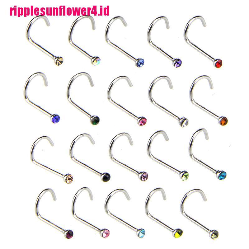 20pcs / set Anting Tindik Hidung / Tubuh Bahan Stainless Steel Hias Kristal Berlian Imitasi