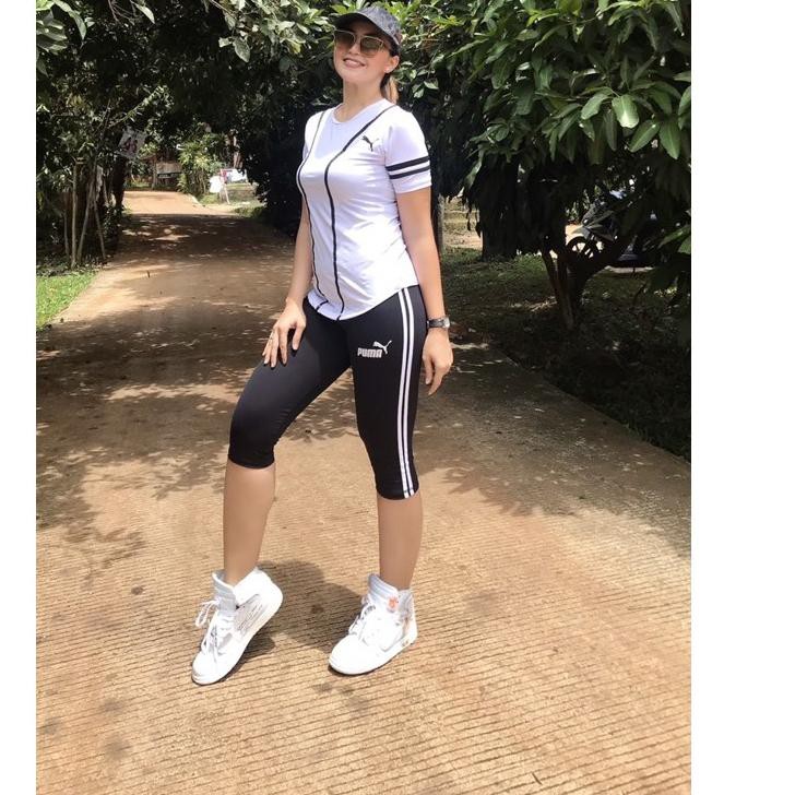 [KODE BARU 698] Setelan senam baseball pendek putih hitam / baju senam olahraga stelan aerobik fitne