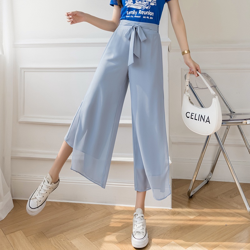 【Blossom】Korean Tie Front Cropped Solid Wide Leg Pants 7257