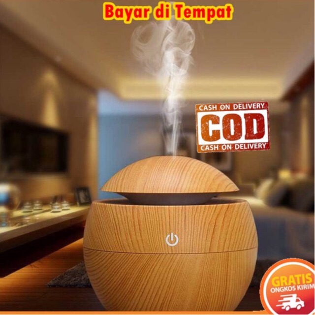 [+12 Oil] Humidifier Aromatherapy Air Difuser Desain Kayu Bulat Lampu tidur LED