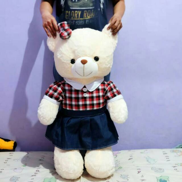 Boneka teddy bear dres kotak2 impor 80cm besar eksklusif kado beruang house