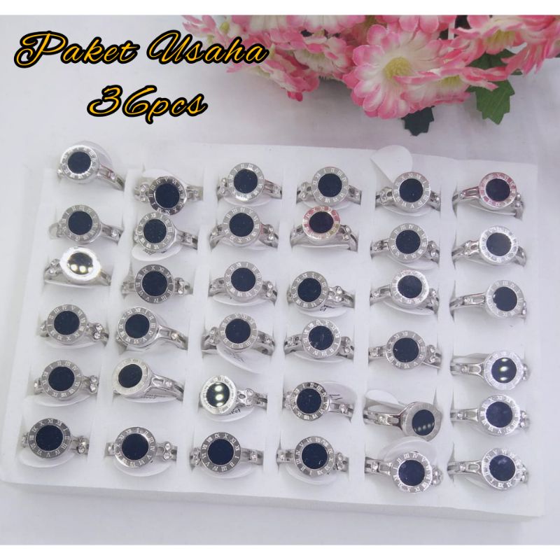 TNM-SDRS240. Paket Usaha isi 36PCS Cincin Titanium silver model Bulgari anti karat Pria/Wanita Ukuran MIX (kecil, sedang, besar)