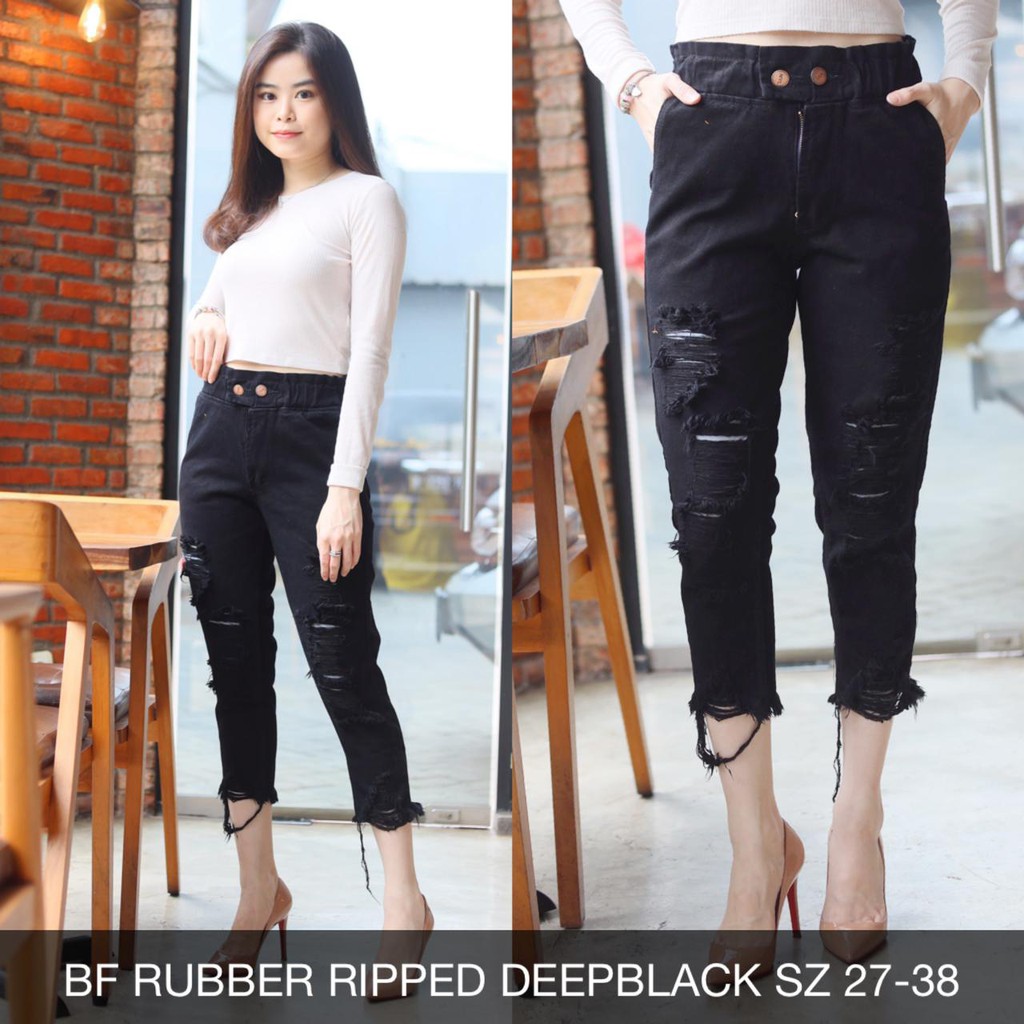 CELANA JEANS WANITA 7/9 BF RUBBER RIPPED DEEPBLACK