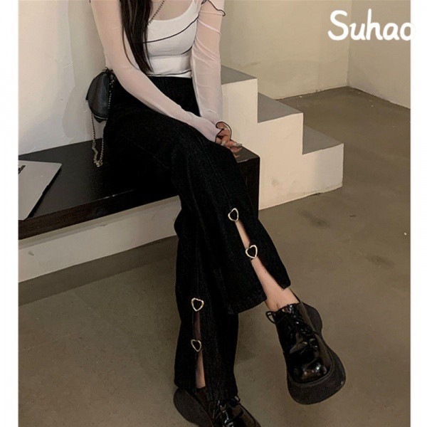 Suhao Black Slip Straight Jeans Musim Semi Baru Desain Cinta longgar Fit Baggy Wide Pants Mahasiswa