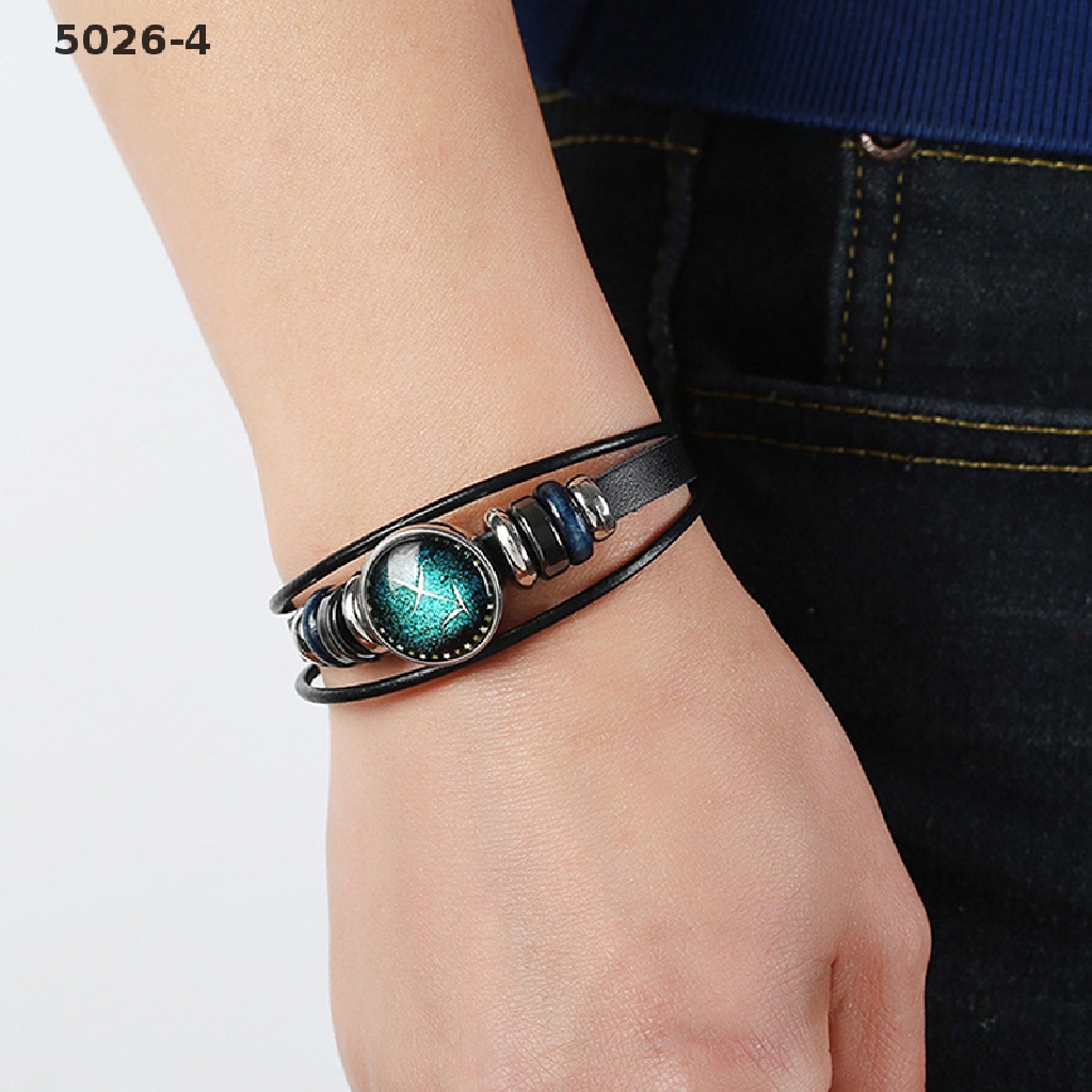 5026-4 12 Constellation Hand Woven Braided Leather Retro Zodiac Sign Charms Bracelet  5026-4