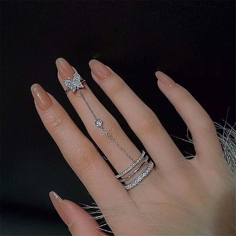 【COD Tangding】Tassel Butterfly Mittens Ring Zircon Adjustable Chain Open Silver Rings Women Party Jewelry