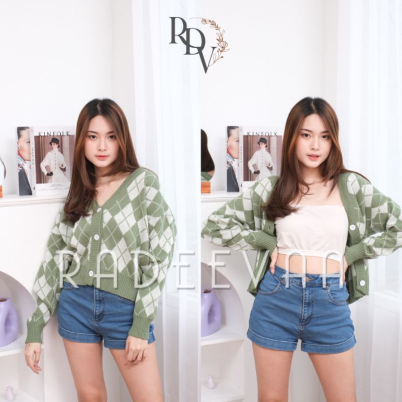 CARDIGAN RAJUT OUTER RHOMB CROP CARDI OUTERWEAR KNIT PREMIUM KOREAN STYLE