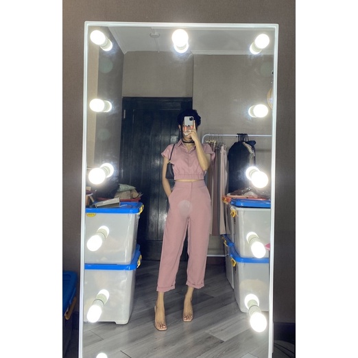 JASMINE SET SETJ310 ONE SET ATASAN CROP KARET DAN CELANA BASIC ADA SELETING DAN KANCING SETJ310-Dusty Pink