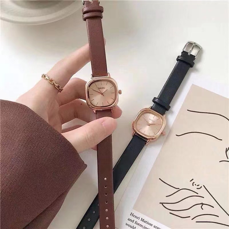 Jam Tangan Wanita Analog Quartz Strap PU Leather Dial Kotak Casual Fashion Import