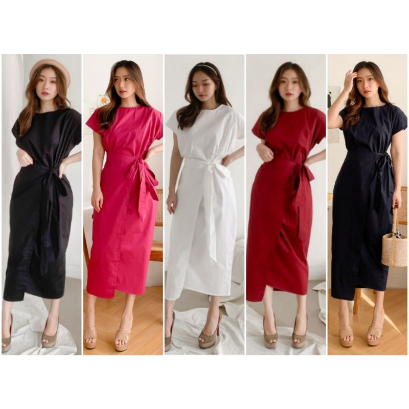 ❣️ SPECIAL PRICE ♡ PREMIUM ♡ ORIGINAL ! SNOWIE PLAIN APPRON WRAP SIDE TIED MIDI DRESS