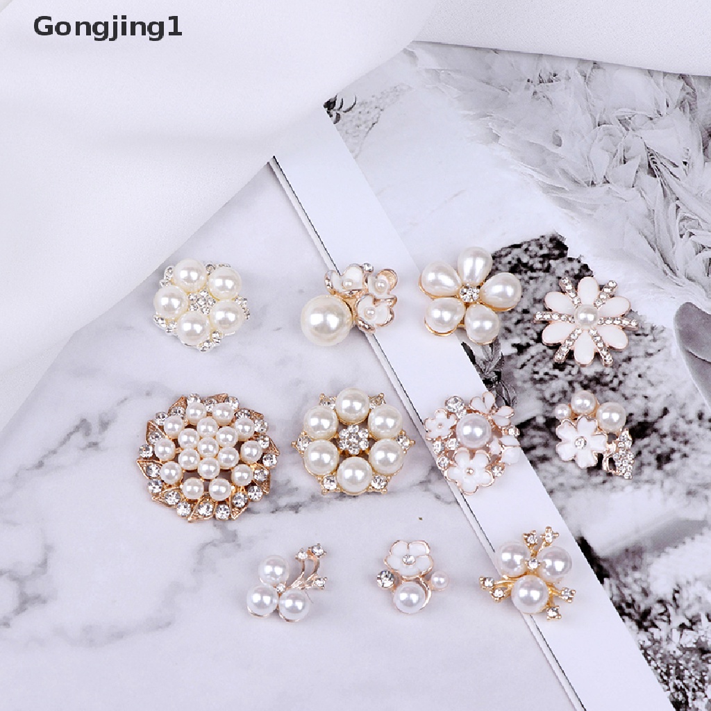 Gongjing1 10pcs Kancing Mutiara + Berlian Imitasi Flatback Untuk Kerajinan Tangan