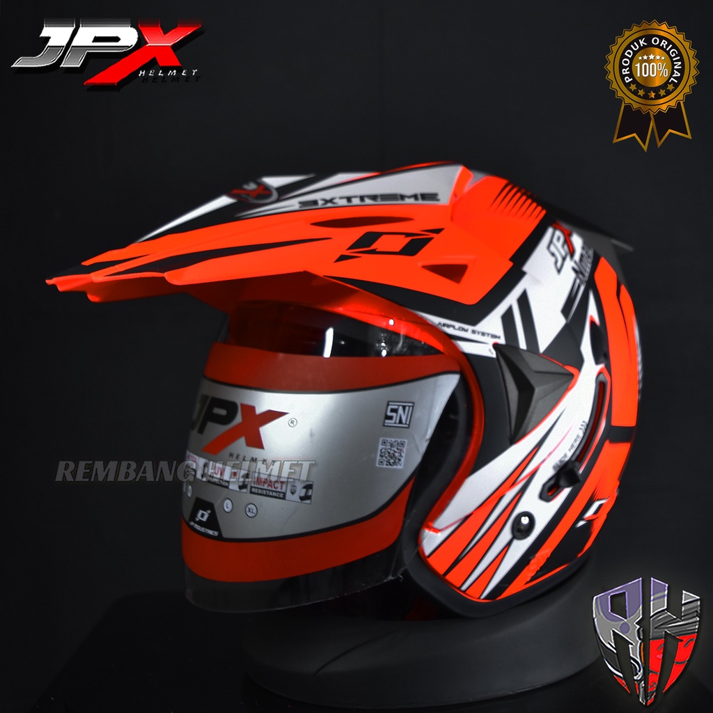HELM JPX SUPERMOTO MOTIF NMAX FLUO RED DOFF, HELM HALF FACE, HELM SEMI CROSS, JPX OFFICIAL