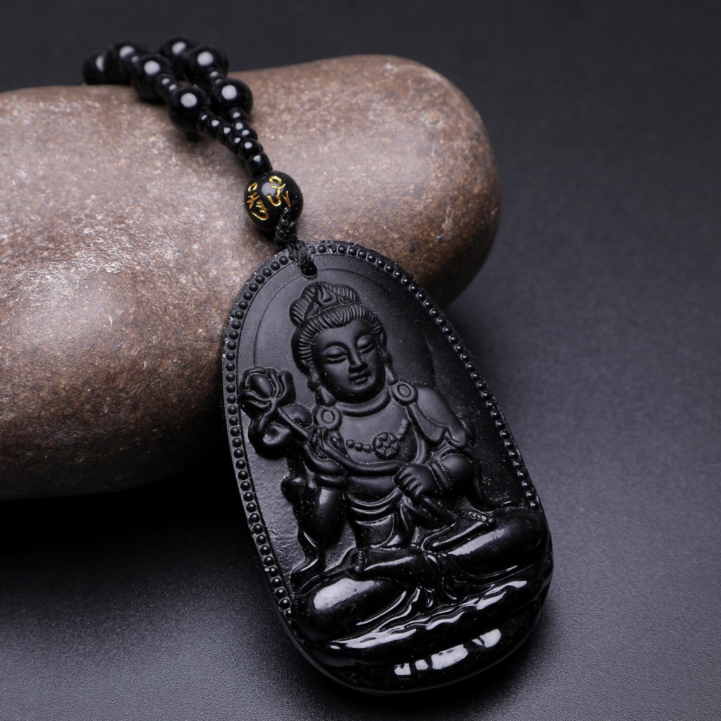 Kalung Liontin Obsidian Imitasi Desain Shio Budha Untuk Priawanita