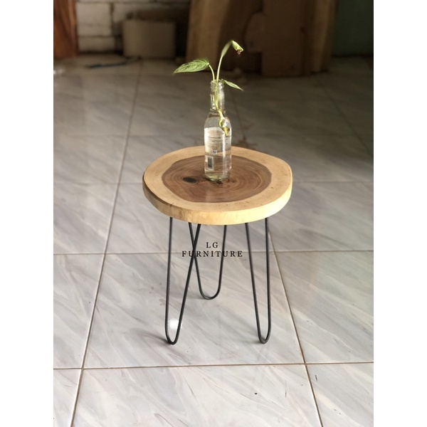 meja kayu bulat kaki besi murah