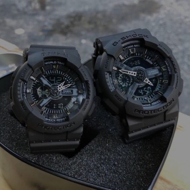 Original COUPLE  JAM TANGAN SPORT PASANGAN G-SHOCK GA-110 BABY-G BLACK NAVY DUAL TIME [COD] FREE