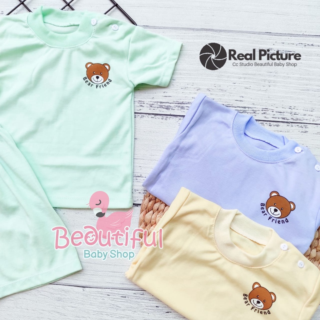 Setelan Pendek Bayi 3-12 Bulan Motif Polos Bear / Baju Bayi Pendek / Setelan Harian Bayi / Kaos Oblong Bayi &amp; Anak Kancing Pundak / Baby.ou