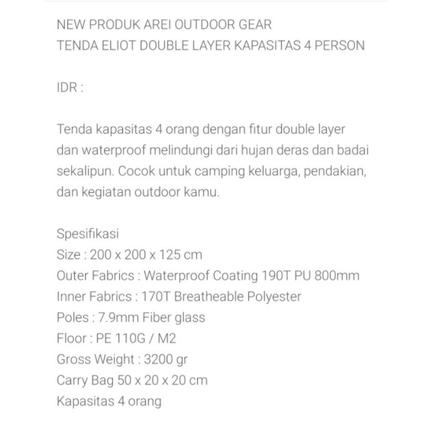 Tenda Camping Rei Eliot Kap 4 Orang /Tent A Rei Eliot V Original