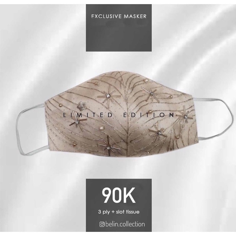 Masker Pesta Mewah 3ply | Satin Nude Brokat Gold Swarovski Payet