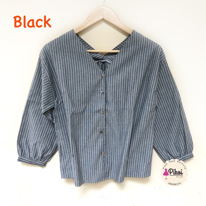 Dijual Kemeja Boyfie Garis   kemeja wanita murah   kemeja V neck   salur Berkualitas