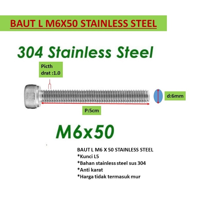 L M6 X 50 BAUT SETAINLESS STEEL SUS 304 / BAUT L STAINLESS M6X50MM / BAUT L M6X50 STAINLESS / BAUT L