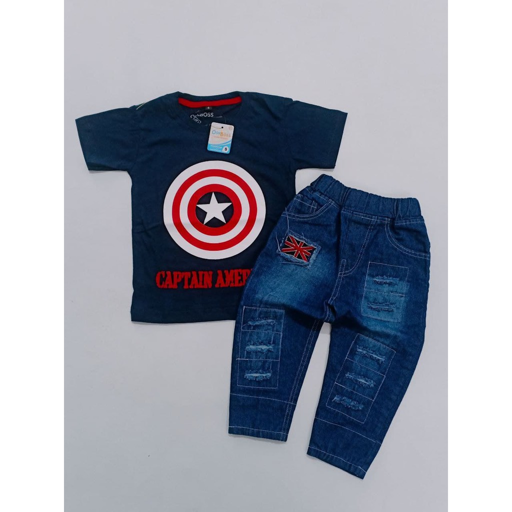 BAJU STELAN ANAK LAKI LAKI KAOS DISTRO DAN CELANA RIPPED BENDERA PPREMIUM OSHBOSS 1-KAPTEN AMERIKA