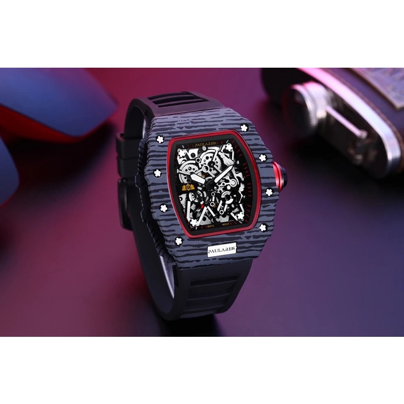 Jam Tangan Pria Mechanical Automatic Homage RM Black List Red Paulareis Original