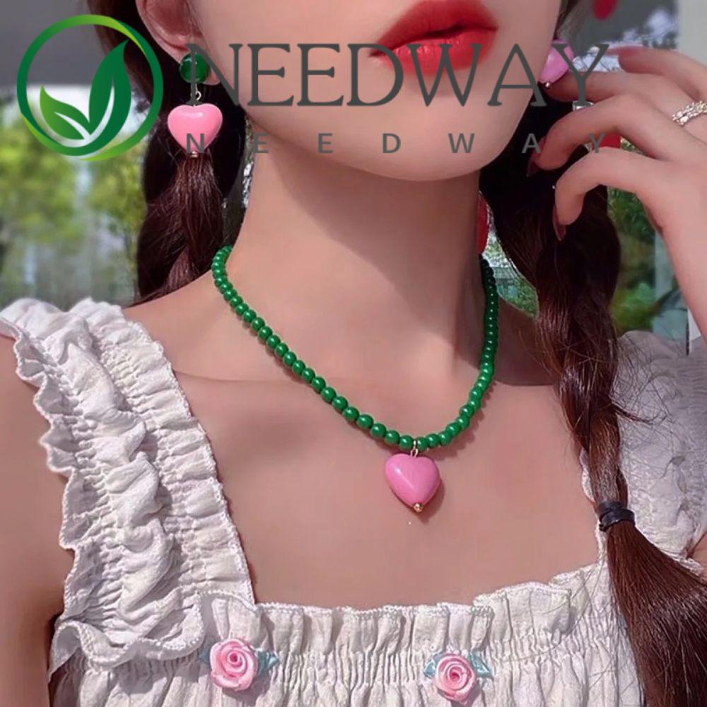 Needway  Sweet Korean Style Necklace Niche Bead Neck Chain Love Heart Earrings Necklace Design Sense Women Jewelry Clavicle Chain Great Gift Fashion Jewelry Girl Pink Heart Earrings