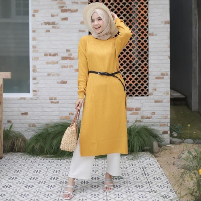 Syani Tunik Rajut / Tunik Rajut Muslim / ATASAN MUSLIM-MUSTARD