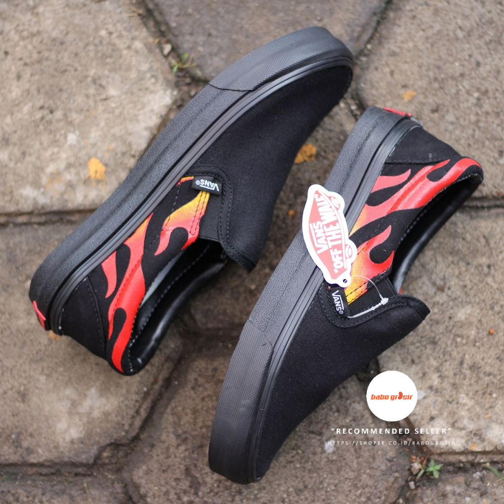 PROMO Sepatu Slip On Pria dan Wanita | Vans Slip On Flame Black White TOP Premium, Kualitas Original Harga Murah