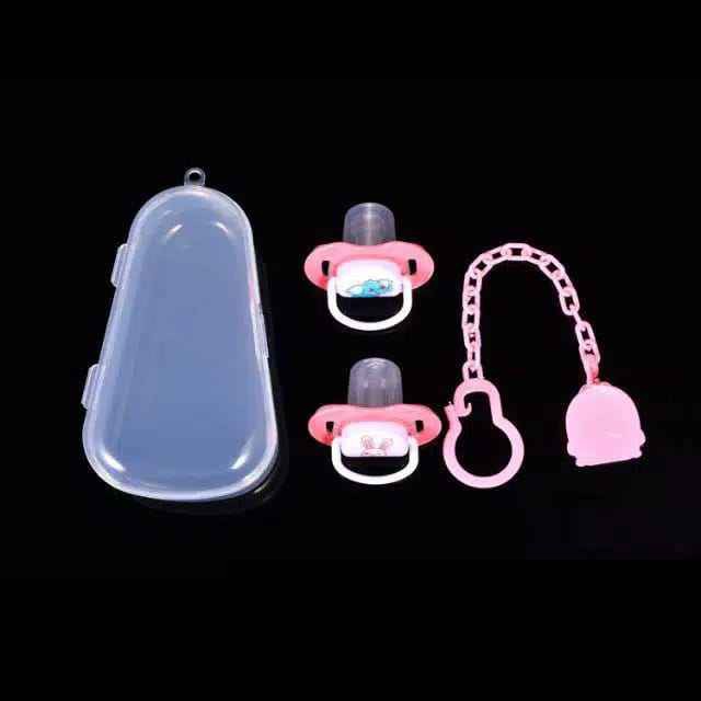 Empeng Bayi 6 12 bulan  Gepeng 3in1 SILICONE &amp; GANTUNGAN DOT - Set Empeng Bayi dengan Baby Pacifier Box Plastik chn