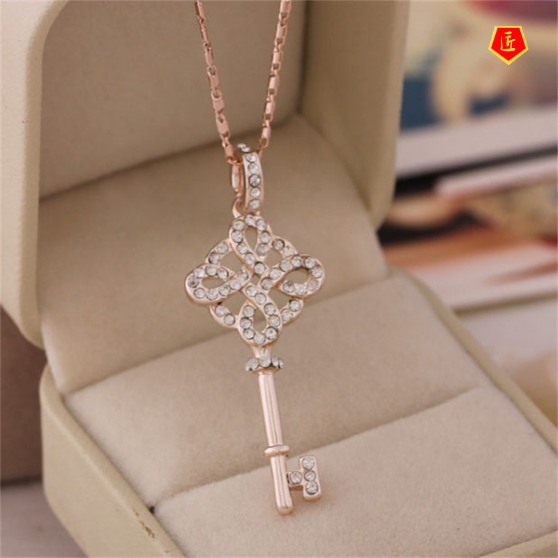 [Ready Stock]Korean Style Rose Gold Key-Shaped Necklace Full Diamond Pendant Simple Fashion