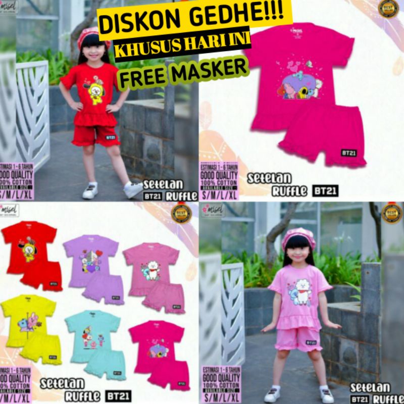 SETELAN BAJU KAOS ANAK LENGAN PENDEK SETELAN ANAK KECIL PEREMPUAN RUFFLE MOTIF BTS