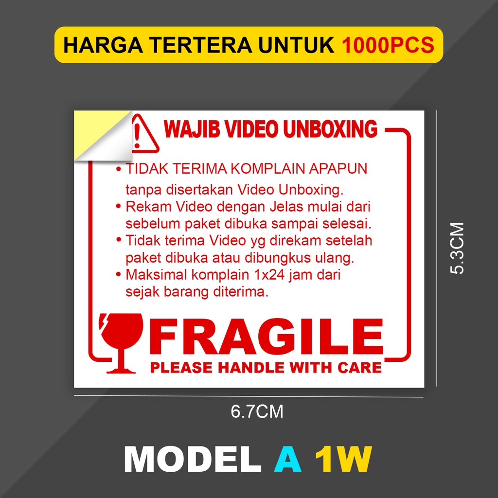 Jual Sticker Video Unboxing 1000pcs / Sticker Fragile Pecah Belah Model