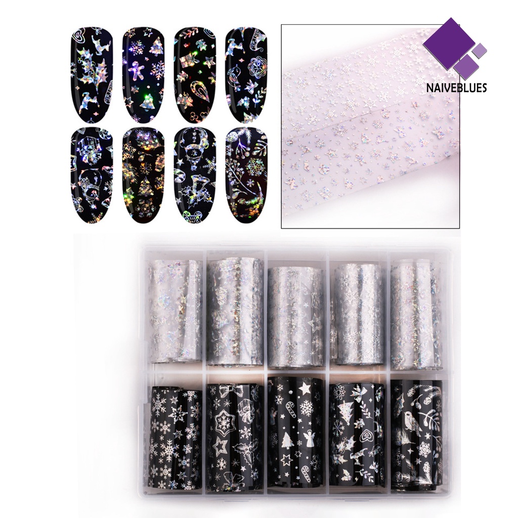 Naiveblue 10Pcs / Kotak Stiker Kuku Transfer Motif Bunga / Aurora / Langit Berbintang Untuk Dekorasi Nail Art / Manicure