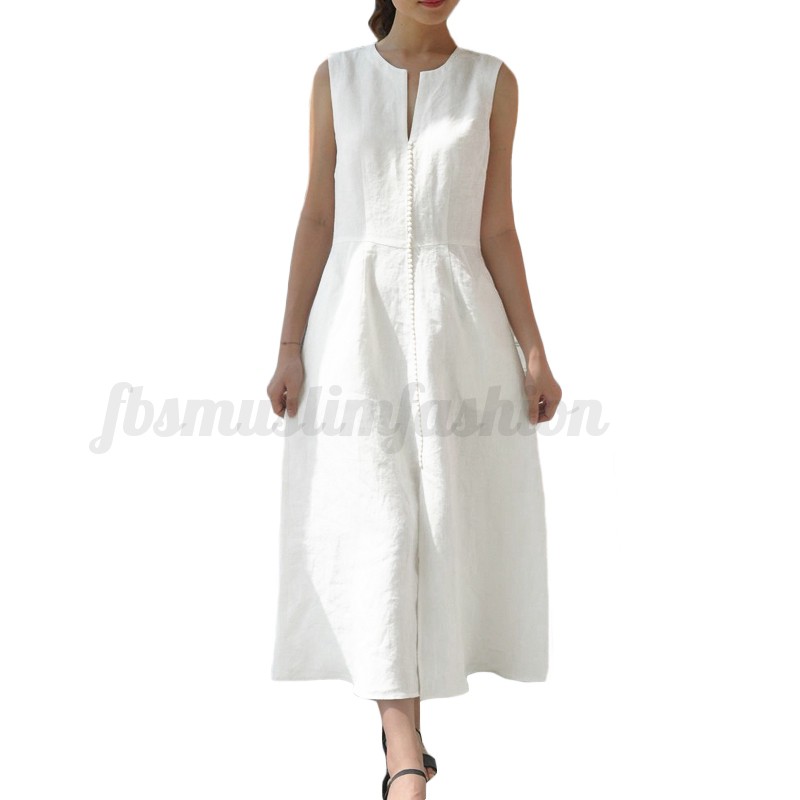 Long dress Moel A-Line Longgar Tanpa Lengan Gaya Casual han Katun Linen untuk Wanita,dress wanita