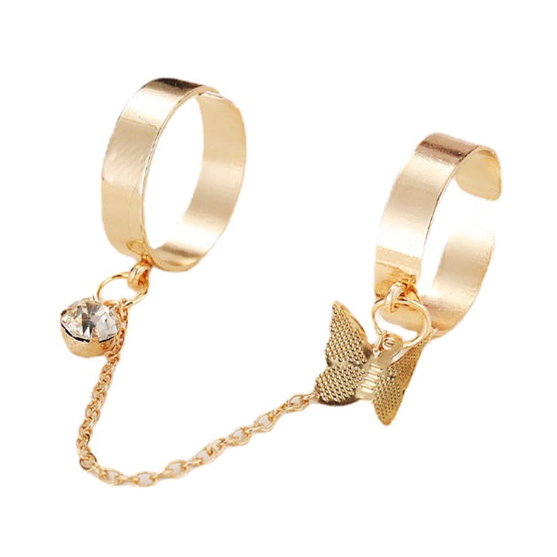 Fancyqube Cincin Model Terbuka Desain Kupu-Kupu Rantai Panjang Bahan Alloy Dapat Disesuaikan Untuk Wanita