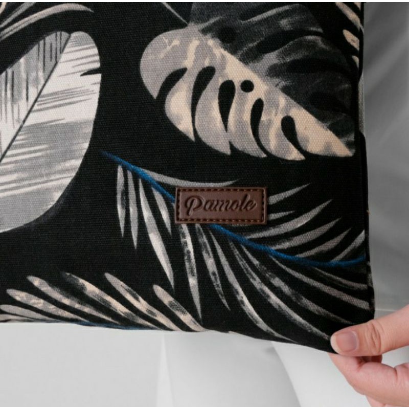 Pamole-Tote Bag Kekinian Bahan Kanvas Motif Tropikal-Hitam